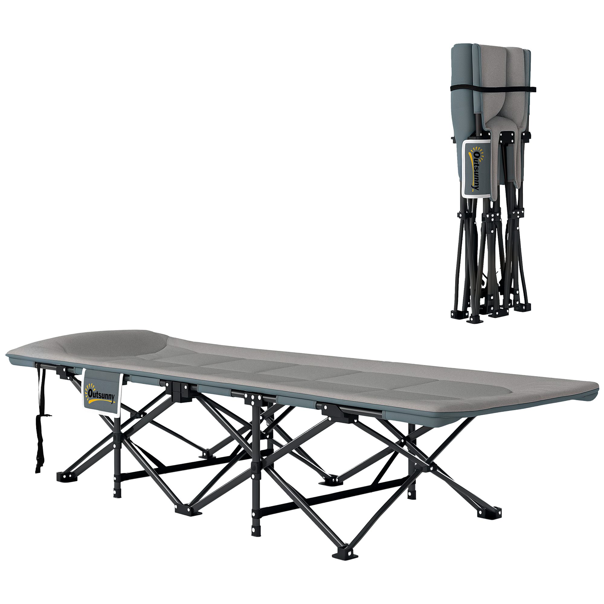 Outsunny Cama Plegable Camping Cama de Acampada Portátil Tumbona de Camping con Reposacabezas y Bolsillo Lateral Carga 150 kg para Playa Senderismo 187x67x37 cm Gris