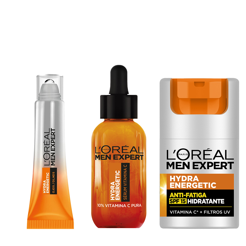 LOréal Paris | Men Expert Serum Vitamina C Hydra Energetic Anti-Fatiga + Hydra Energetic Roll-On Ojos Efecto Hielo Anti-Bolsas y Anti-Ojeras para hombres 10ml + Energetic Crema Hidratante Anti-Fatiga 24h con SPF15