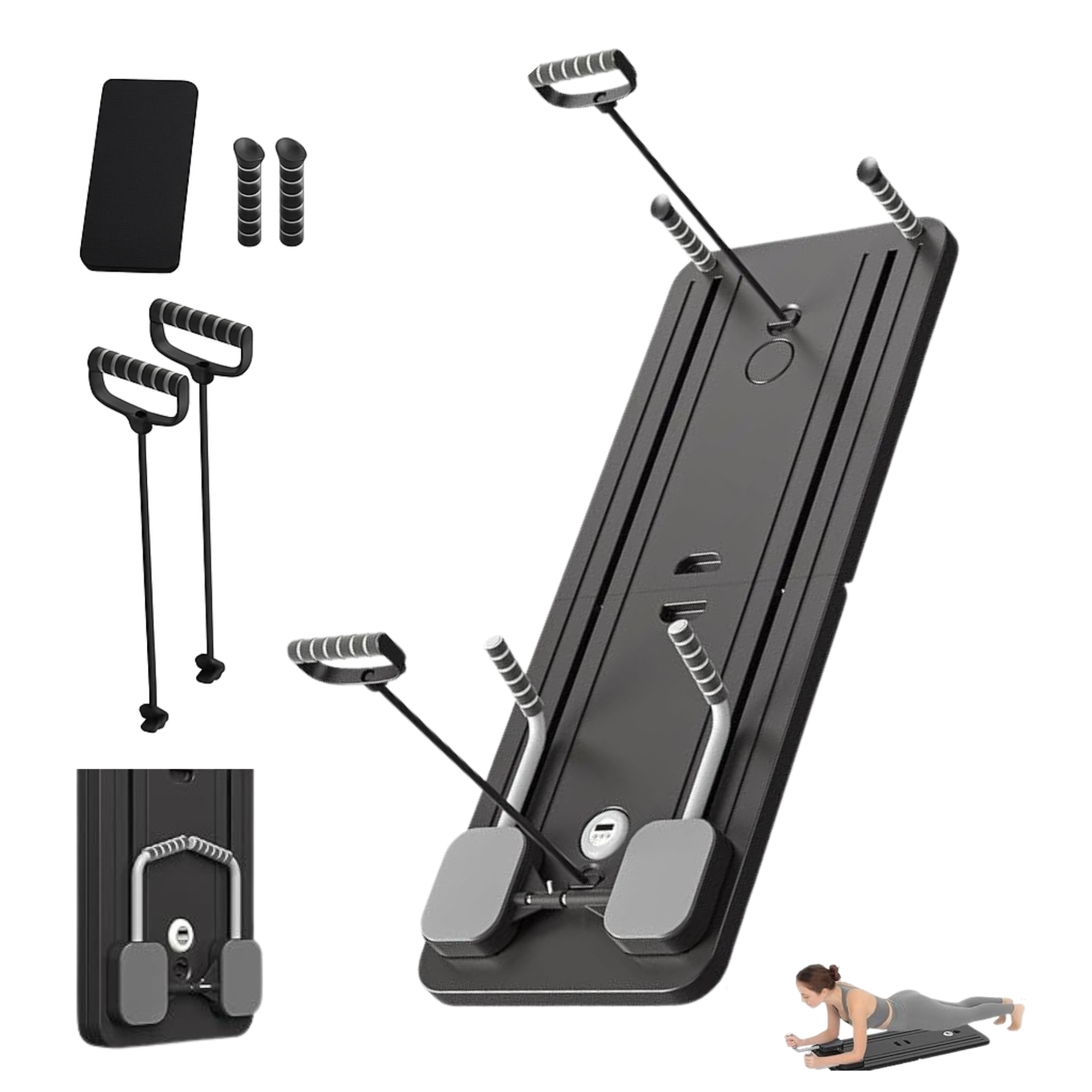 MAGIC SELECT Máquina Reformer de Pilates Plegable. Equipo Reformador de Pilates con Base Deslizante, Bandas de Resistencia y Temporizador, Kit Entrenamiento en Casa con Empuñaduras Antideslizantes para Ejercicios.