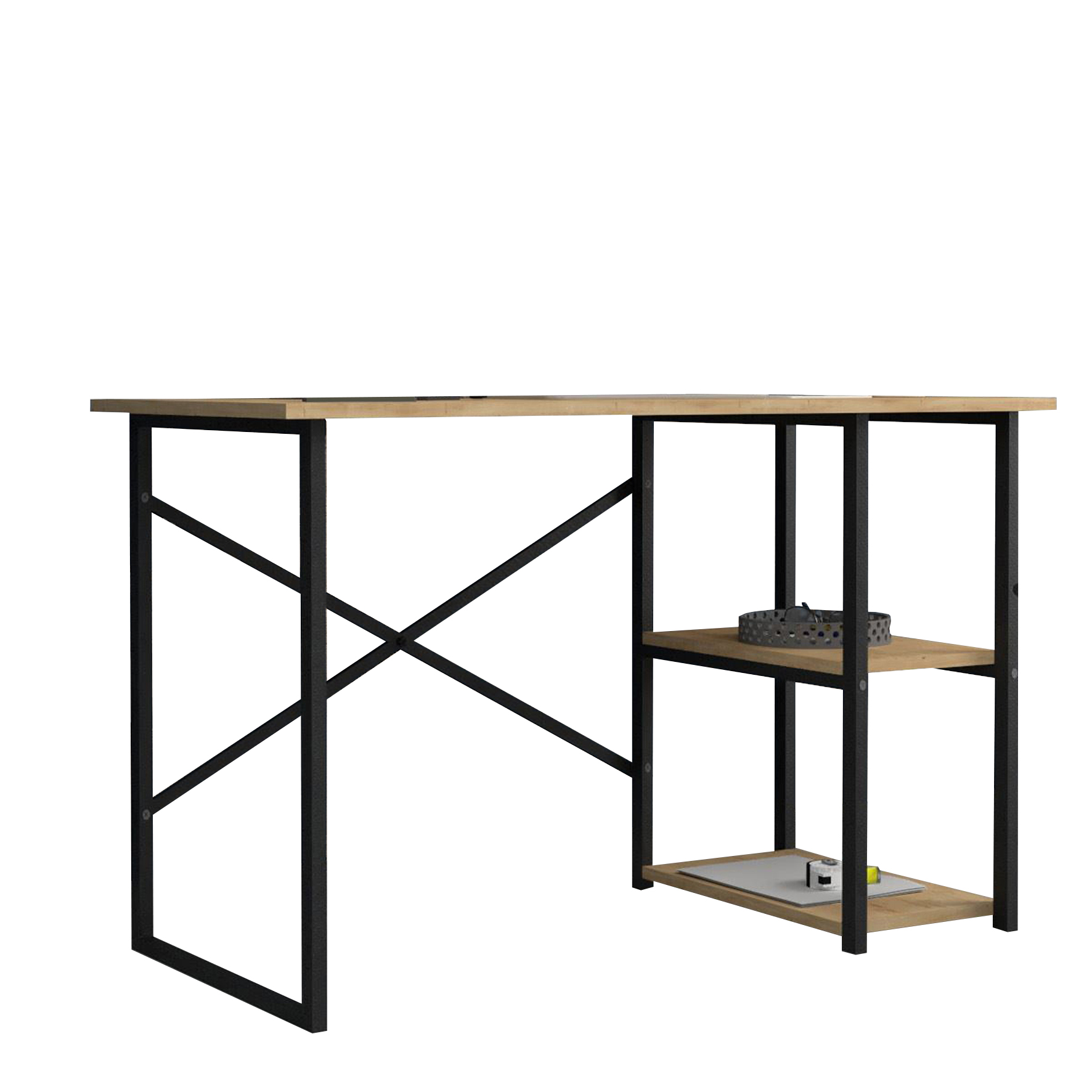 Mesa escritorio. Mesa de ordenador. Con 2 estantes. Estilo industrial. Estructura metálica negra y tablero melamina color roble Safir. (Alto 75 cm/Ancho 120 cm/Fondo 60 cm)