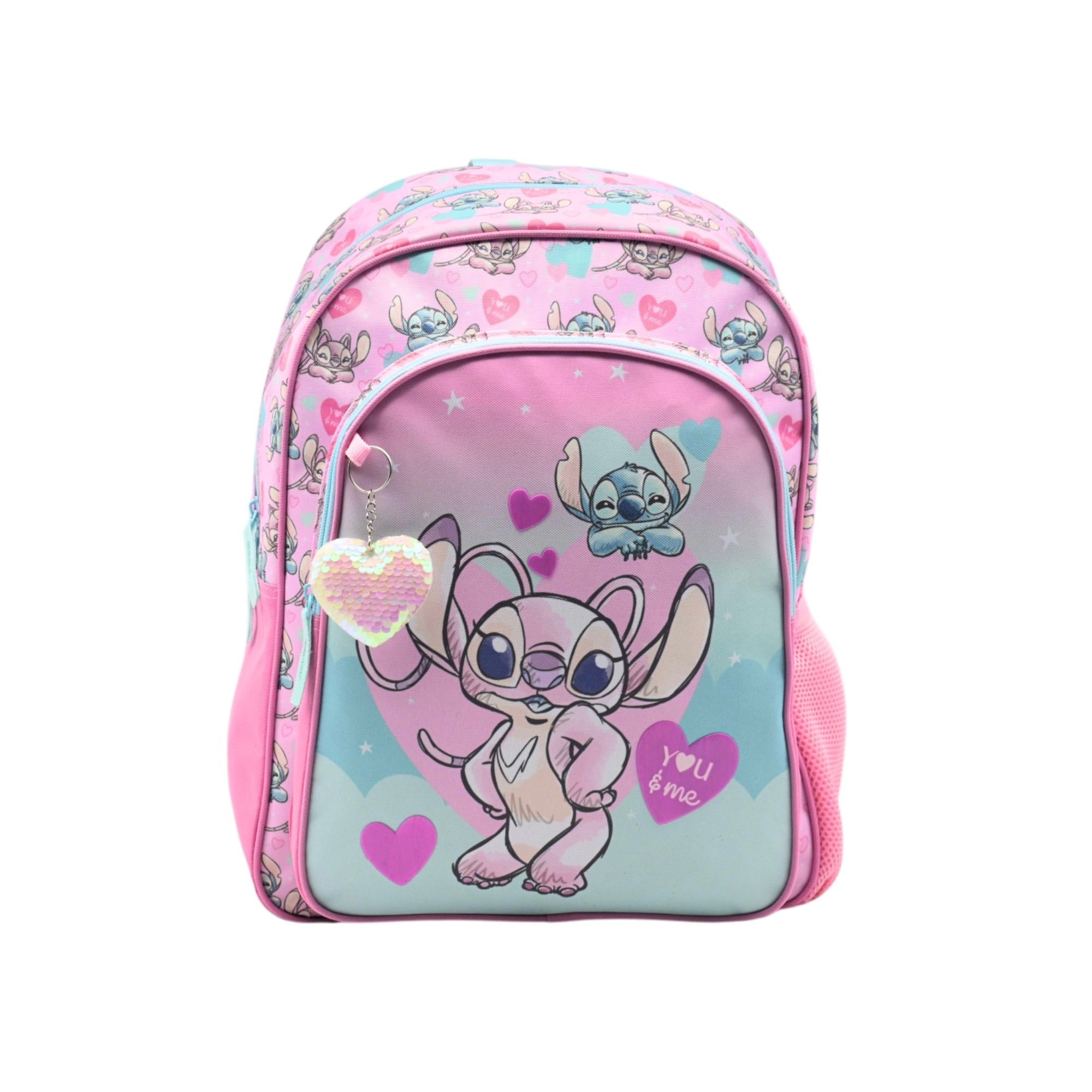Mochila Escolar Angel & Stitch  - Doble Compartimento - CON ACCESORIO CORAZON - Compartimento portalaptop - Espaldera acolchada - 44.5 X 32 X 21 CM