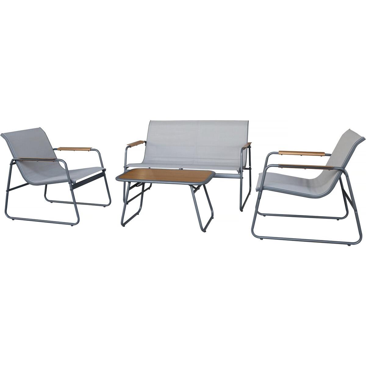 Habitat y Jardin - Conjunto de muebles de jardín de metal "Sparta" con decoración imitación madera - 4 plazas - Gris claro