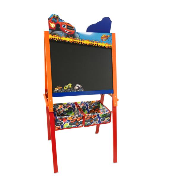Pizarra infantil de 4 patas, doble cara, con cajones, con diseños exclusivos de Blaze & Monster Machine (2101) Una cara para pintar con rotulador y la otra con tiza. Calidad al mejor precio. De acuerdo a la normativa CE. +3 años