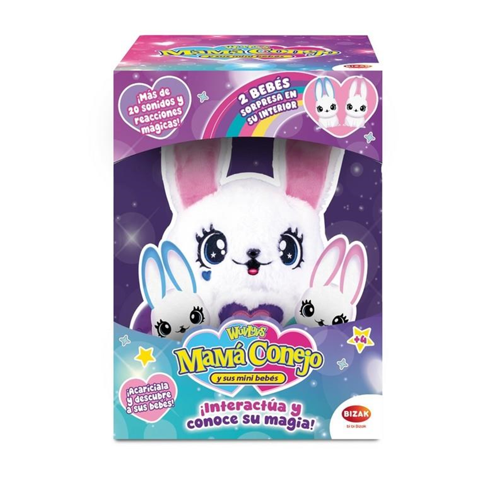 Peluche interactivo Mama Bunny Y Sus Bebes asomborso. (Bizak 64161001)