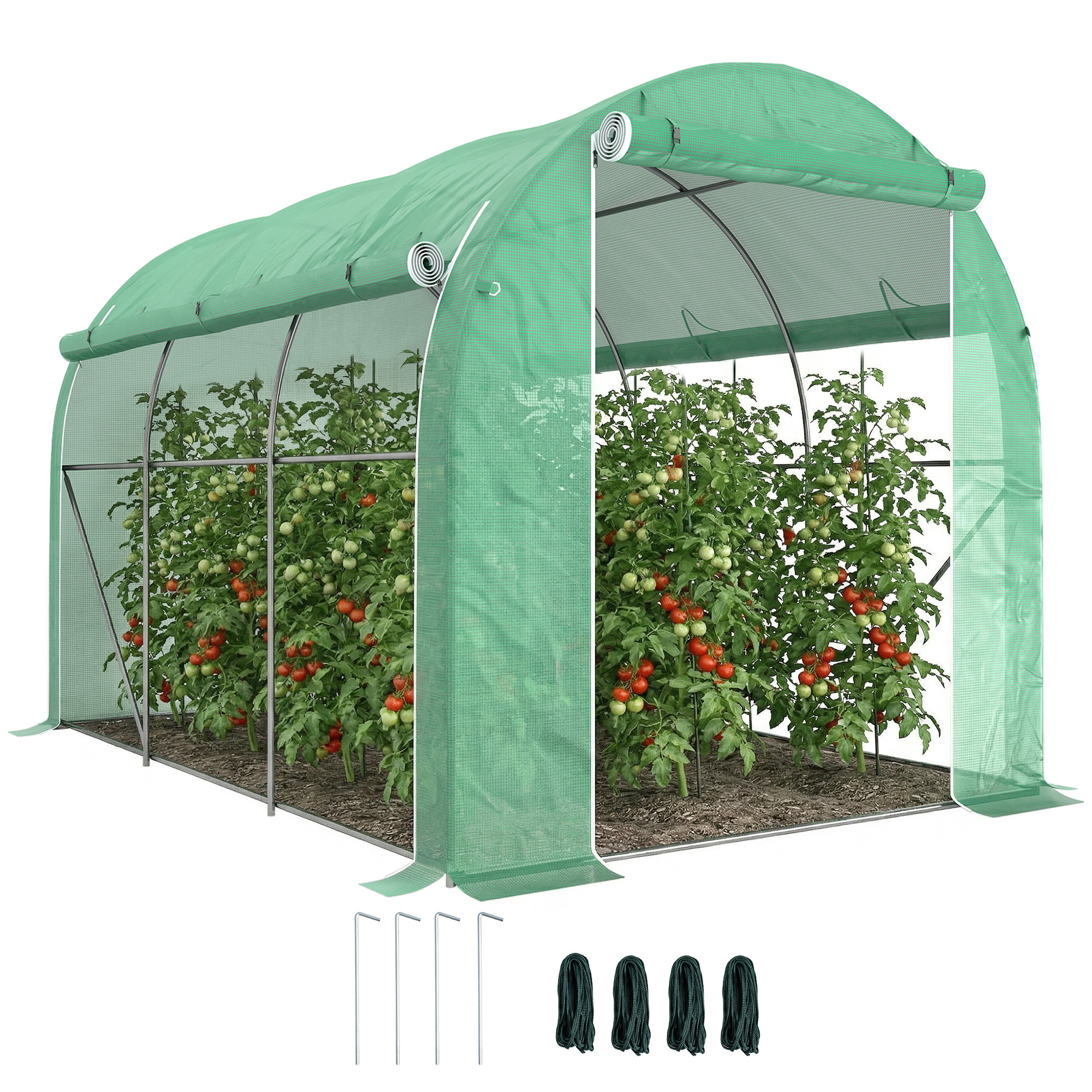 Outsunny Invernadero de Túnel 296x196x200 cm Invernadero de Jardín con 3 Puertas Enrollables 6 Ventanas Cubierta PE 140g/m² Estructura de Acero Galvanizado para Cultivos Plantas Flores Verde
