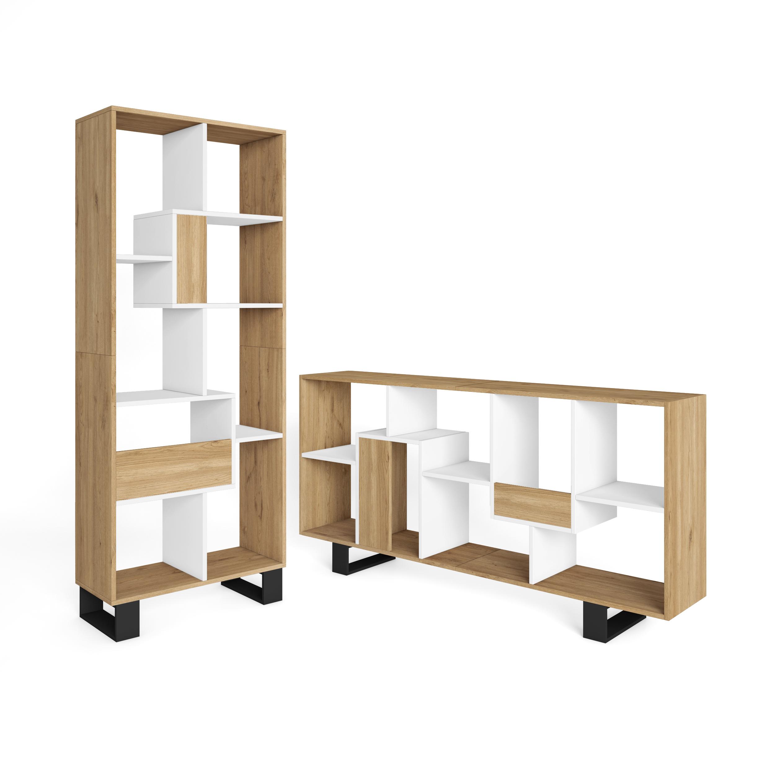 Skraut Home, Librería estantería, Estanteria libros de pared, 67x31x174cm, Diseño industrial, Estilo Moderno, Roble y blanco