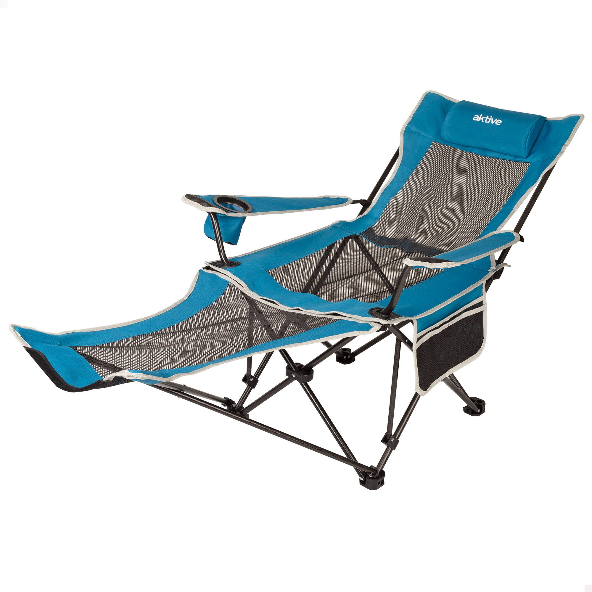 Aktive - Silla tumbona plegable camping con 2 posiciones, 152x54x75 cm, fabricada de acero, textileno y rejilla, con cojín, bolsillo lateral, posavasos y topes antivuelco, máx. 110 kg, incluye funda, sillas plegables