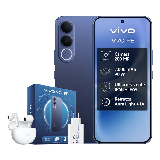 Teléfono – vivo V70 FE 5G Bundle, 8GB+256GB / 8GB+512GB, Cámara de 200MP con OIS, Batería 7000mAh y Carga 90W, Pantalla 1.5K AMOLED 120Hz, IP68/IP69, eSIM, 5 años de actualizaciones, Incluye:: Auriculares Buds Air3 + Cargador 90W