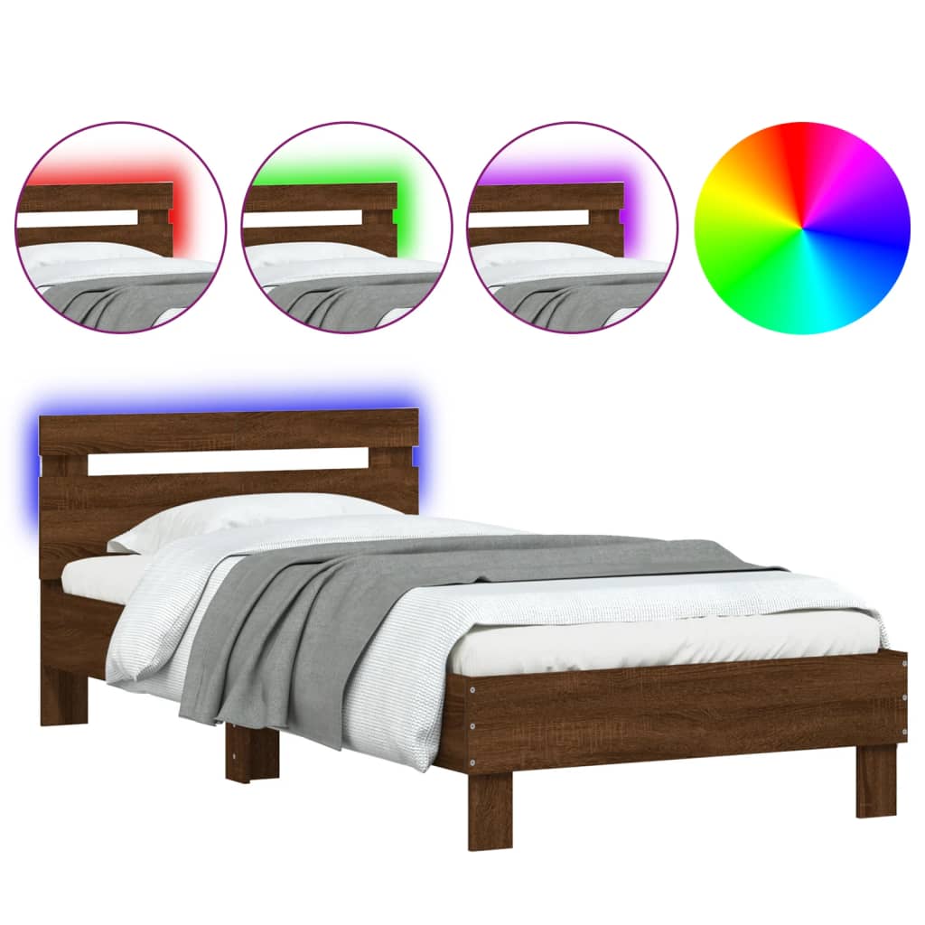 vidaXL Estructura de cama cabecero luces LED roble marrón 100x200 cm