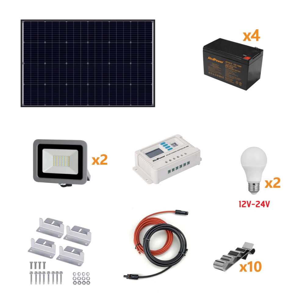 Kit Fotovoltaico Autónomo 160W - Kit con panel solar, controlador de carga, proyector y accesorios de instalación - Alcapower
