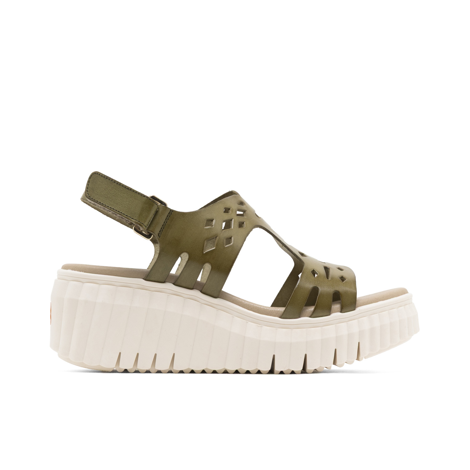 Sandalia Cuña Elena Kaki de Piel Troquelada con Plantilla Acolchada y Suela Antideslizante, 6 cm de Altura, Cierre Velcro, Fabricación Artesanal en España, Confort y Estabilidad en Cada Paso, Disponib