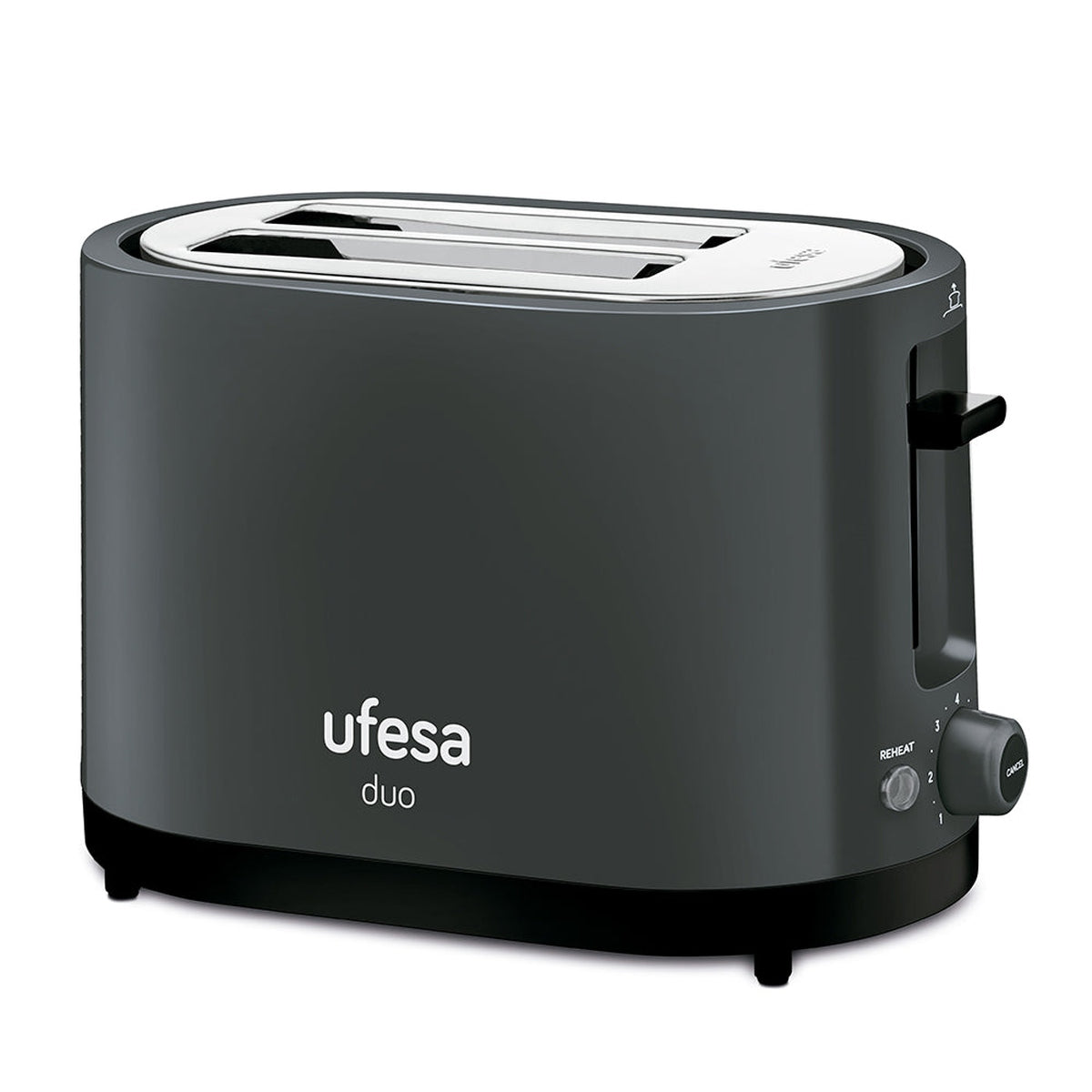 Ufesa - Tostador Duo de 2 ranuras 750W con selector de 7 niveles, funciones descongelar/recalentar/cancelar y bandeja recogemigas extraíble, diseño elegante en gris para cocina moderna