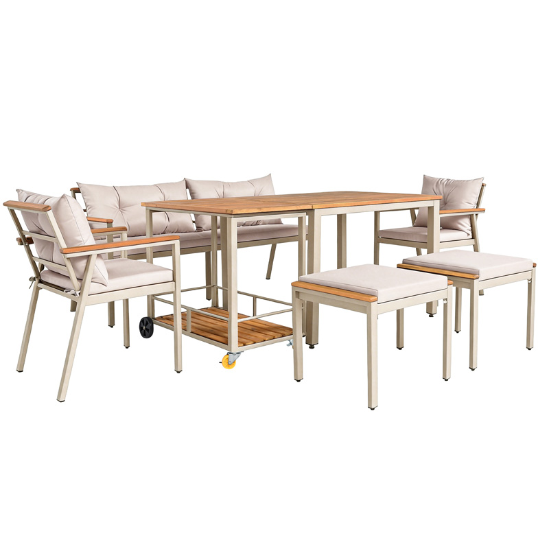 Ensemble repas de jardin en bois d’acacia avec canapé, fauteuils, tabourets, table et chariot de service