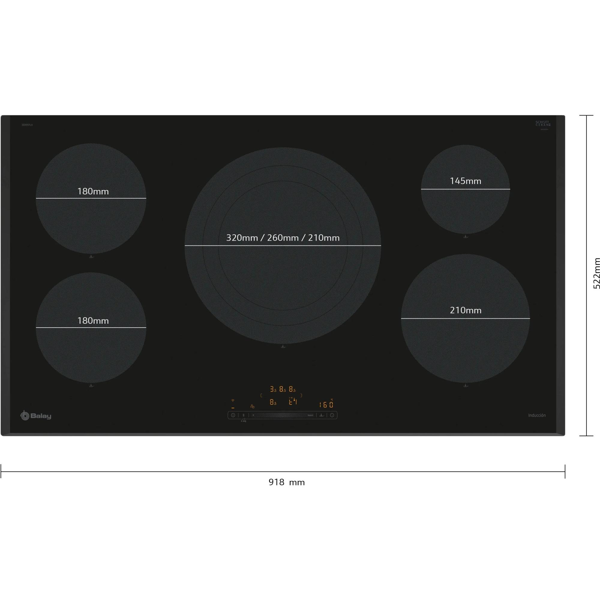 Placa de Inducción Flex 90cm BALAY 3EB997LH  | 5 Zonas, Fuego 32cm, 11100W, Negro, con Control de temperatura, Home Connect, Control Deslizante