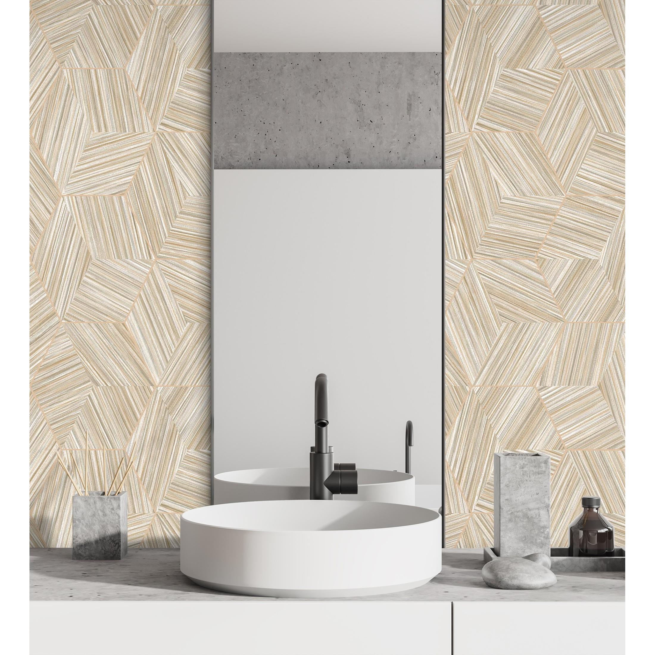 Papel pintado vinílico hexágonos beige y líneas doradas en relieve - Maurice Metrix 681675 de GAULAN - Rollo de 10 m x 1,06 m
