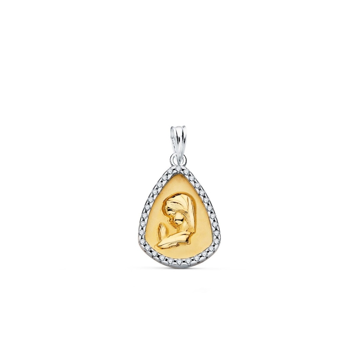Virgen Niña medalla oro bicolor 9k niña 21 mm. circonitas borde