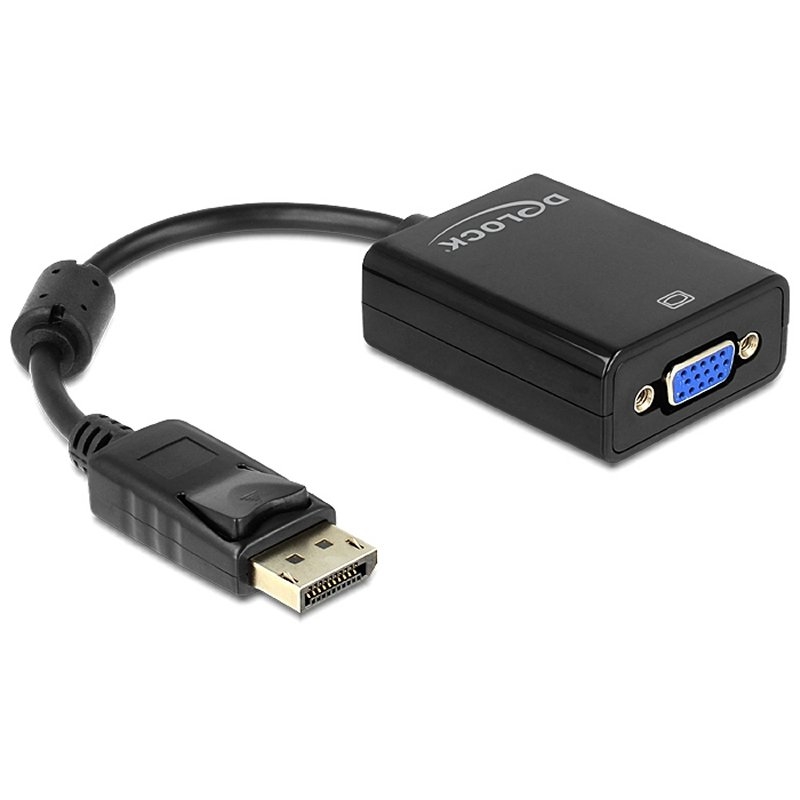 Delock DisplayPort to VGA Adapter Black - 1 x DisplayPort Male to 1 x VGA Female, max resolution WUXGA 1920x1200, no driver needed, ideal for connecting VGA monitors.