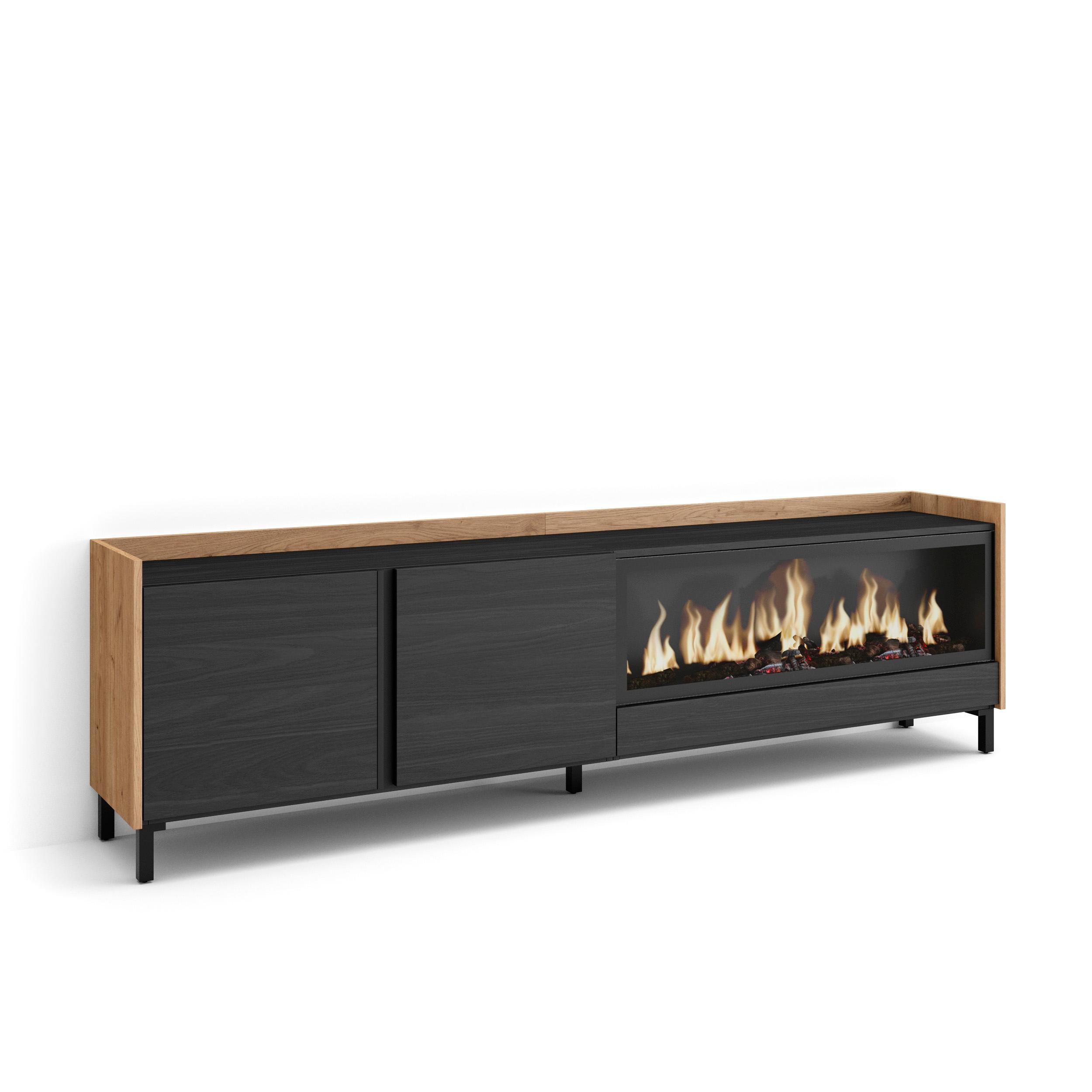 Mueble TV, Televisión, 212x35x61cm, Para TV hasta 80", Chimenea eléctrica XXL, Diseño industrial