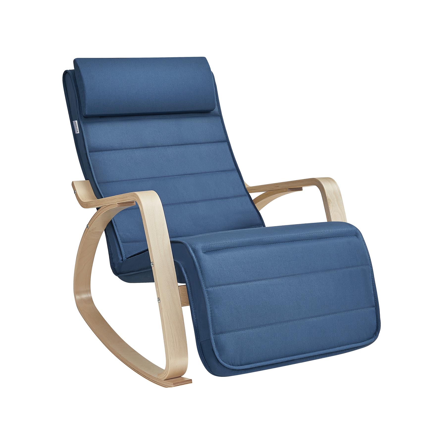 SONGMICS Silla Mecedora, con Apoyabrazos de Madera de Abedul, Silla Mecedora con Reposapiés Ajustable en 5 Posiciones, Máx. Carga de 150 kg, Dormitorio, Salón, Azul Medianoche y Natural/Gris Claro y Natural/Amarillo Ganso y Natural /Beige/Gris Oscuro y Na