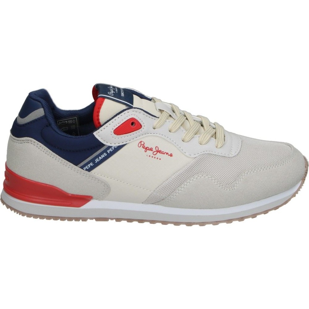 PEPE JEANS | Zapatillas Pepe Jeans para Mujer – Deportiva Blanca con Detalles en Rojo y Azul Marino – Sneakers con Cordones – Estilo Casual – Versátiles – Combinables y Cómodas – Modelo PBS400013-906