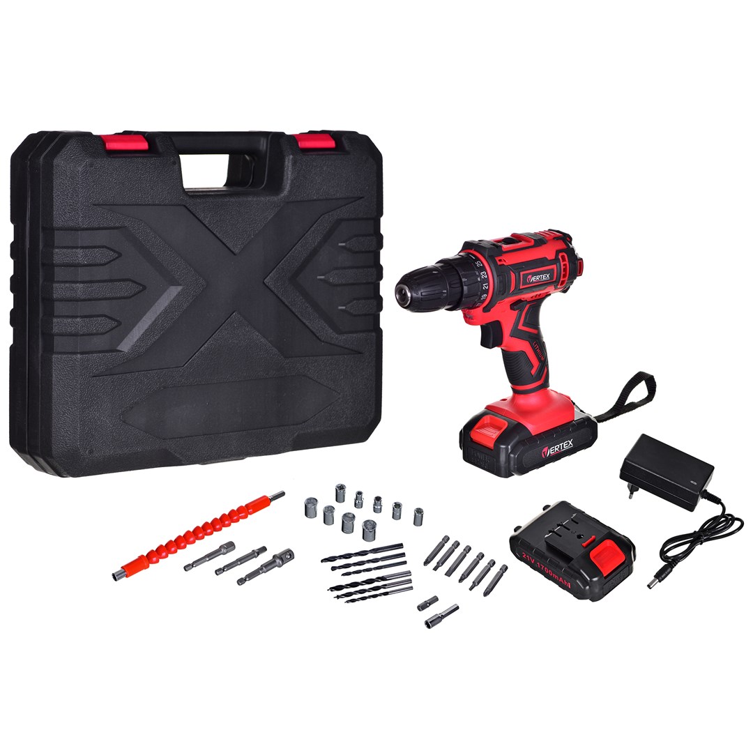 Vertex 21V Cordless Drill with 2x1.7Ah Batteries, CE Certified; powerful battery screwdriver drill ideal for home projects and workshops.