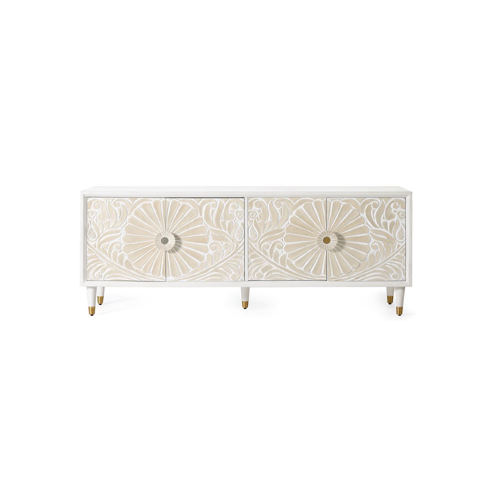 Mueble TV en madera de mango blanco con toques dorados