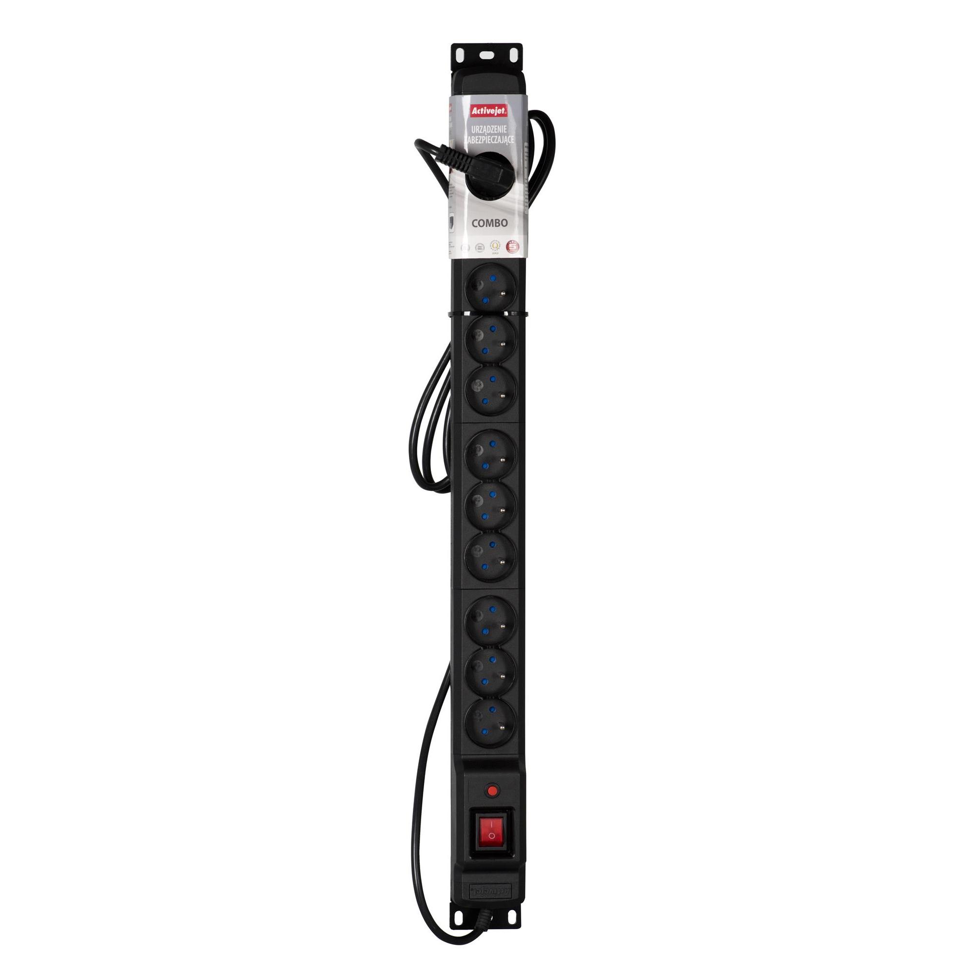 ActiveJet combo Power Strip with 12 AC outlets and 5m cord, black plastic, integrated on/off switch, CE certified, suitable for indoor use, 230V input, surge protection, ideal for home and office setups.