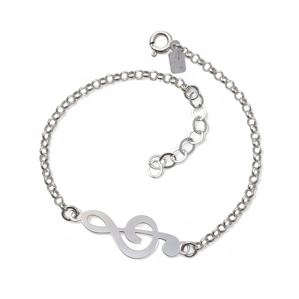Clave de Sol Pulsera en Plata de Ley 925m cadena rolo 18 cm. tamaño clave 26 mm.