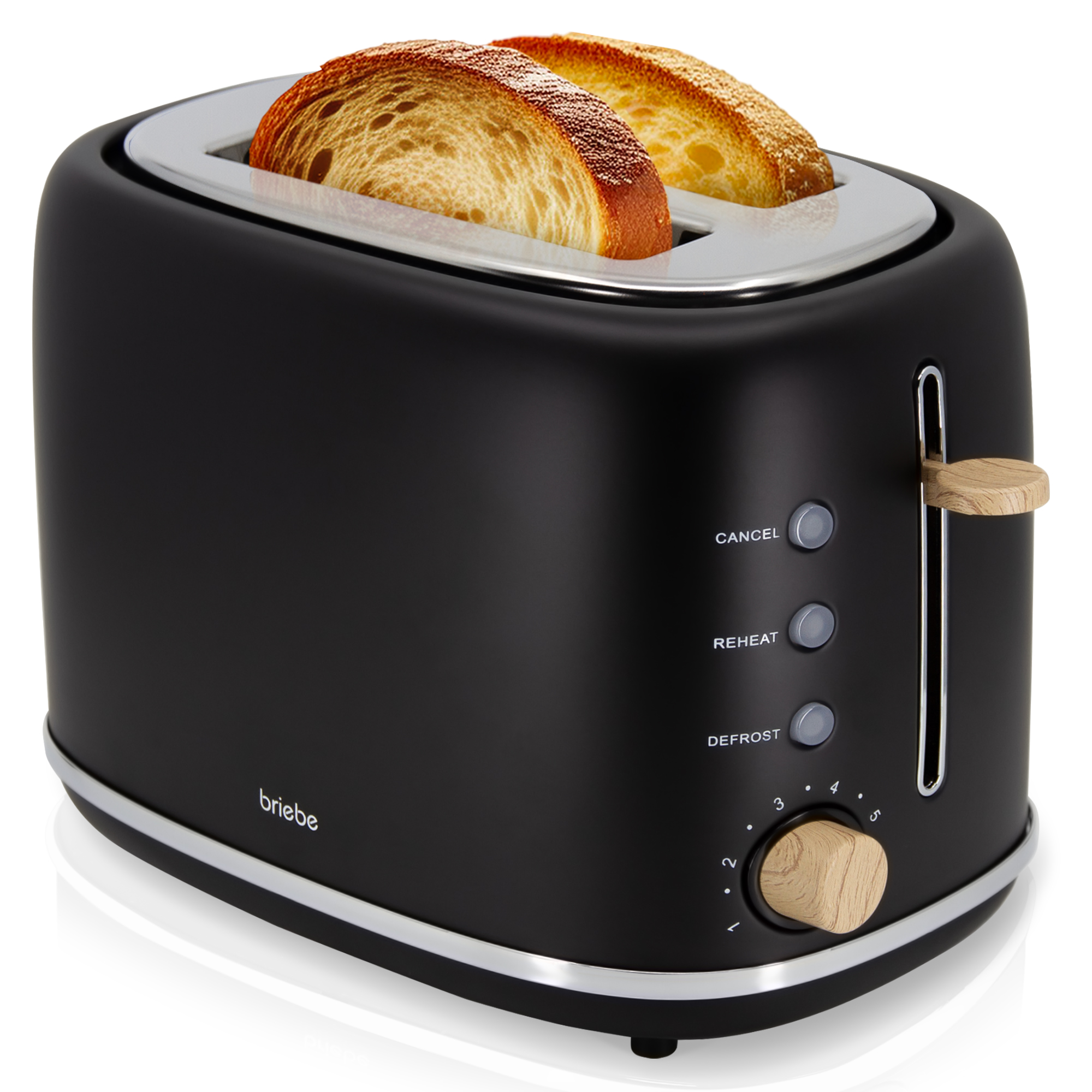 Briebe TA1166BLK Nordic Tostadora Pan Ranura Ancha, Tostador 2 Rebanadas, 6 Niveles Tostado, Calientapanecillos, 870W, Negro