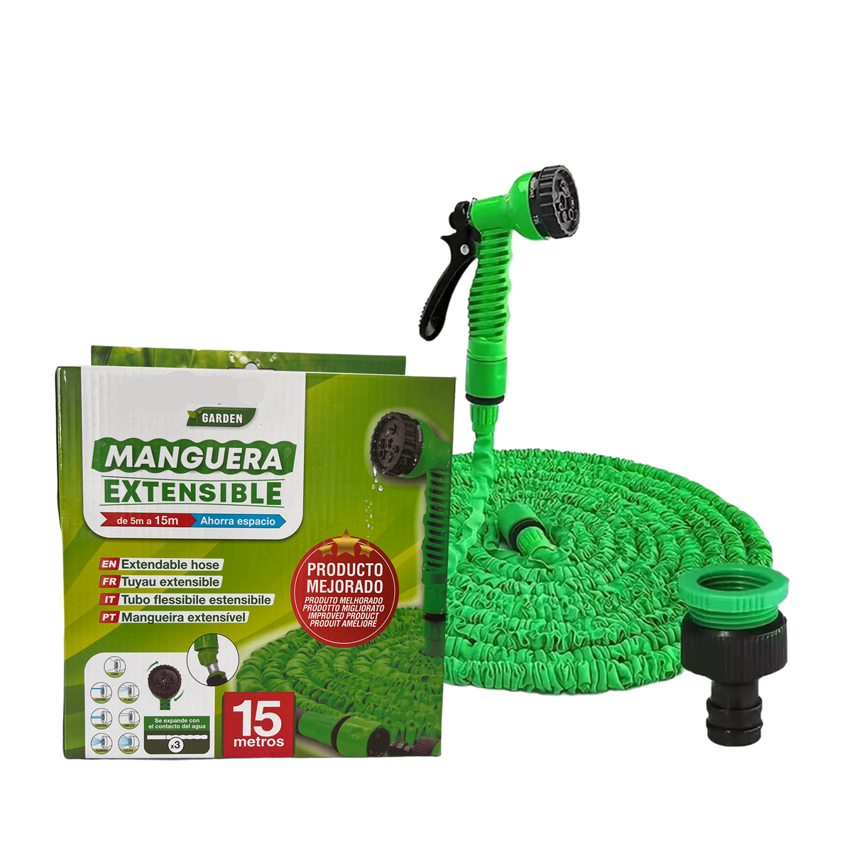 YIJIA | Manguera extensible de jardín,Extensible hasta 7.50 - 45 Metros, Manguera riego a presión, Fabricada en Polipropileno, 7 modalidades de riego, Inclye pistola, Verde