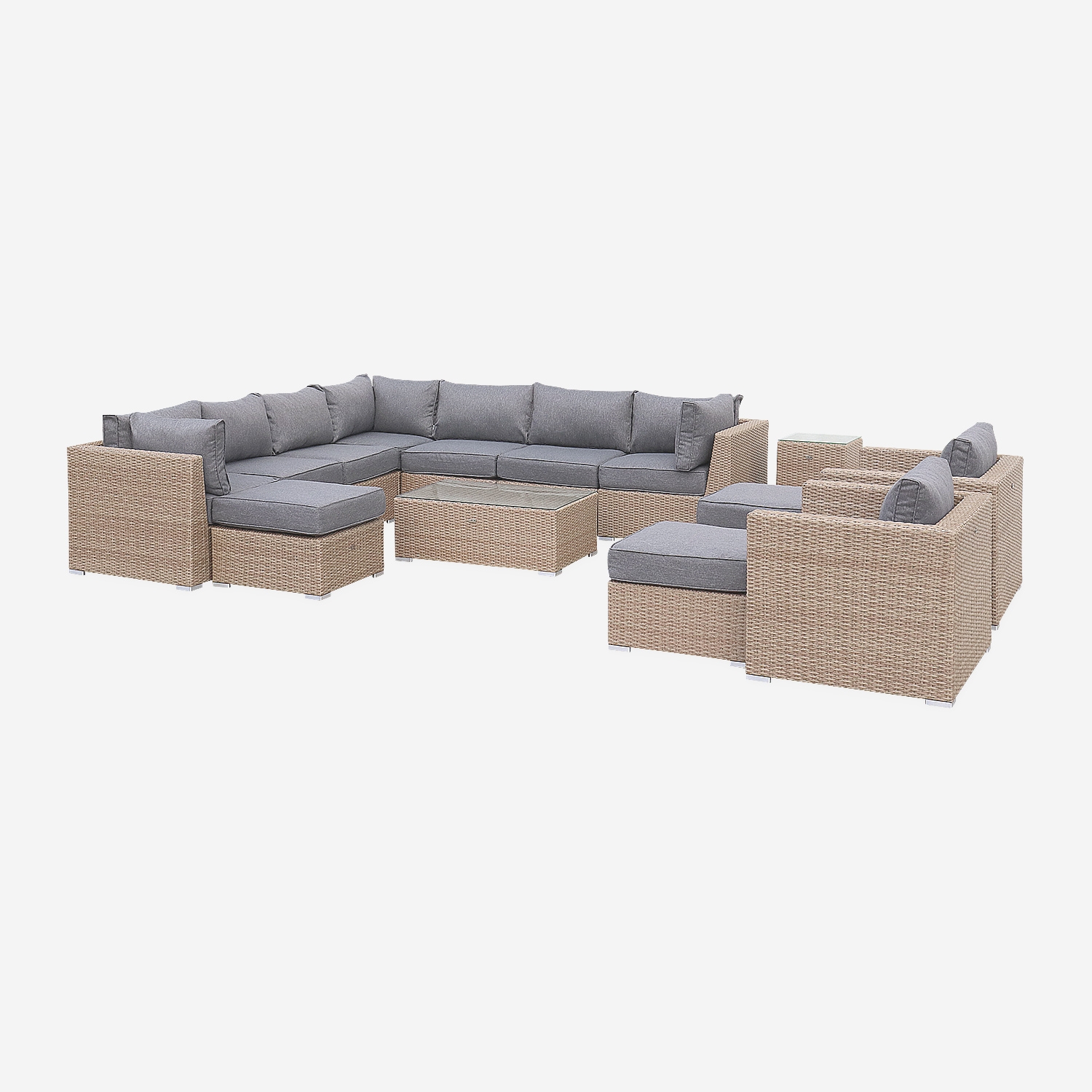 sweeek - Conjunto de muebles de jardín de resina tejida, 12 a 14 plazas, Verona, Beige, 290x80x67.5 cm