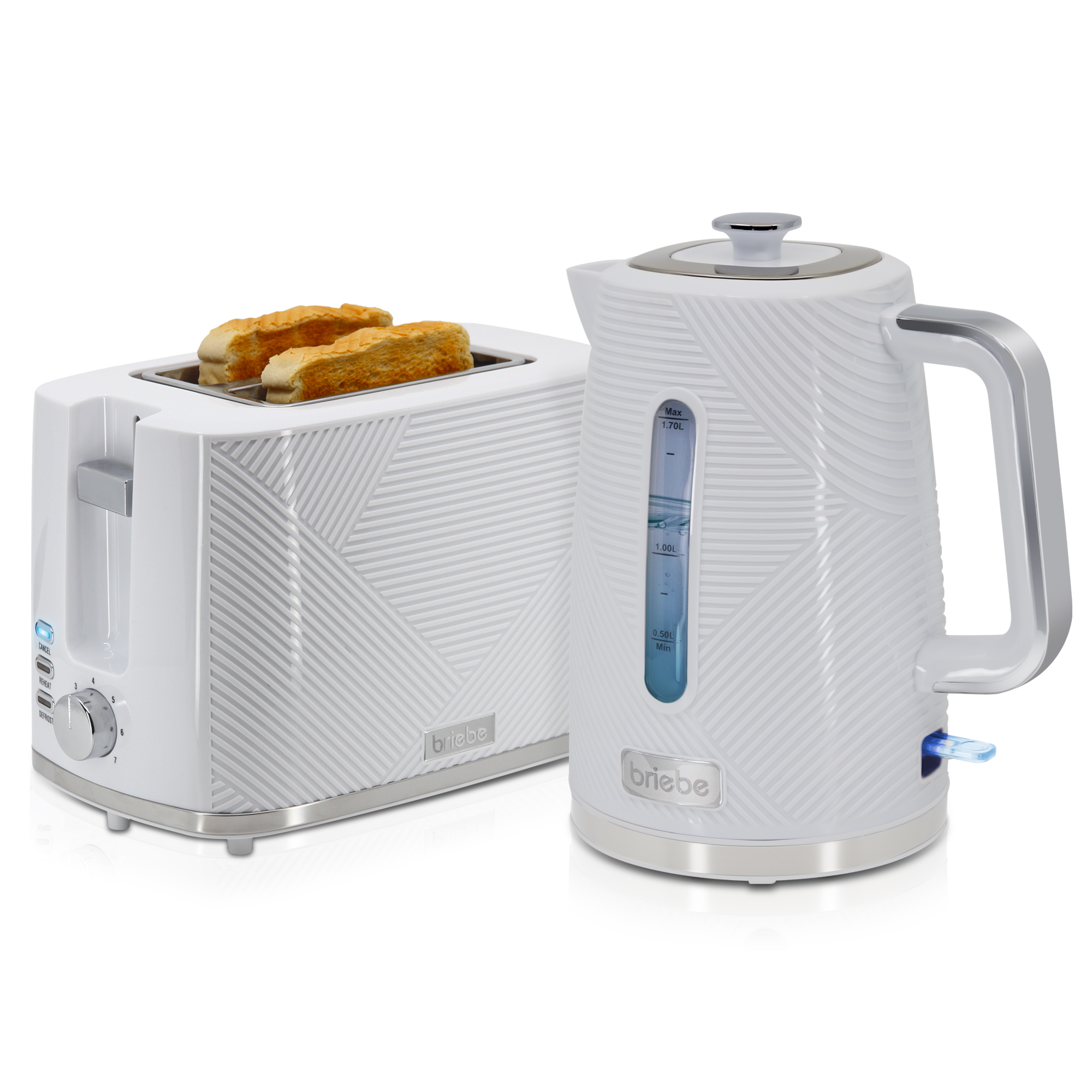 Briebe SKT1170WHT Elegance Set Tostadora Pan Ranura Ancha 2 Rebanadas + Hervidor  Agua Eléctrico 1,7L Inalámbrico, 2200W, Blanco