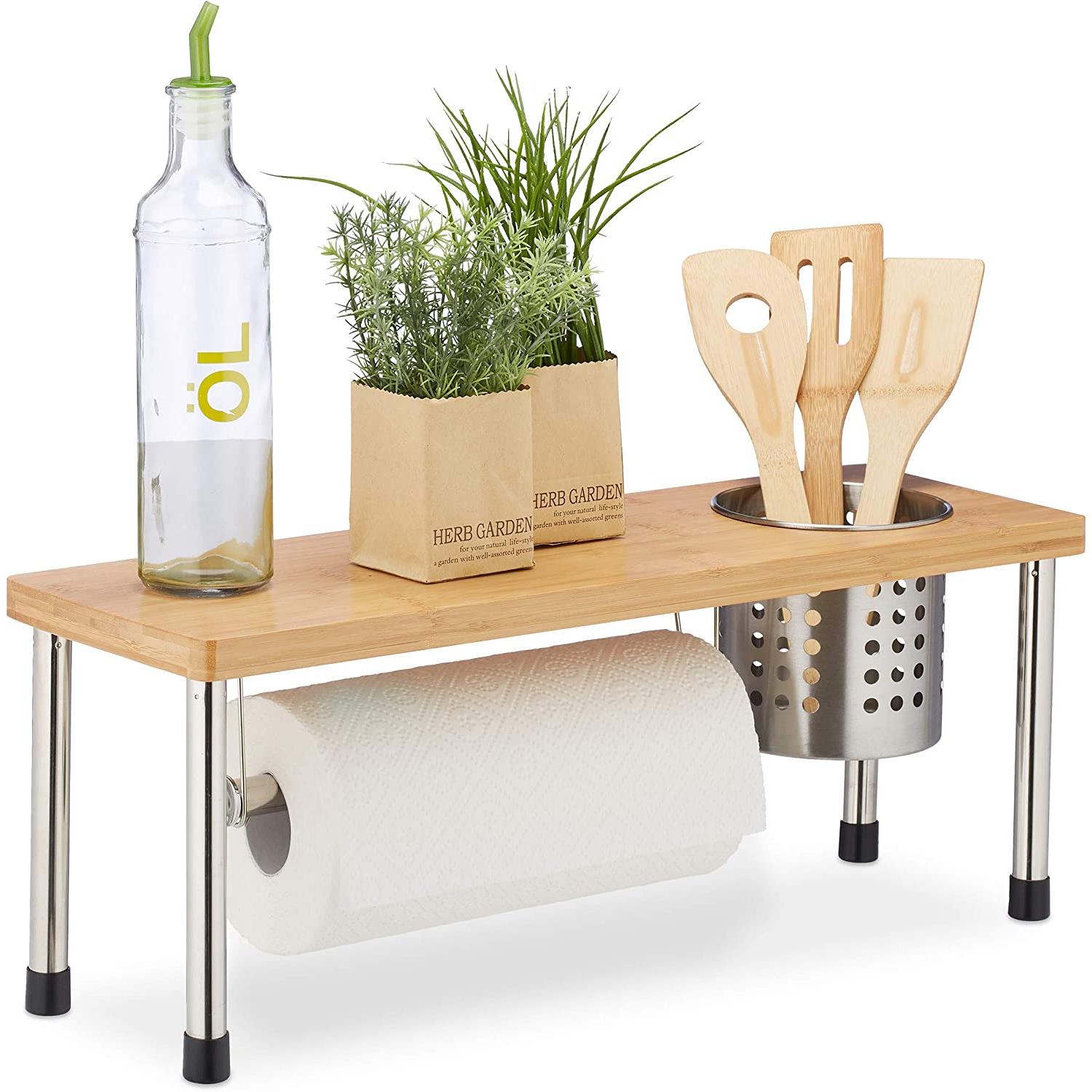 STARLEY- Organizador de Cocina, Soporte para Cubiertos, Especiero, Portarrollos, Bambú & Acero, Marrón & PlateadoEstante de cocina de bambú 55x20x20 cm