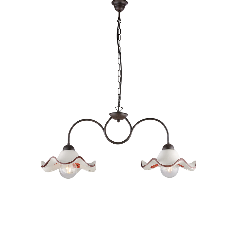 Lámpara de araña Anemone en hierro lacado en negro y dec. Óxido con difusores cerámicos d. 30 blanco y marrón 2 luces L. 81 X 30 - Belight
