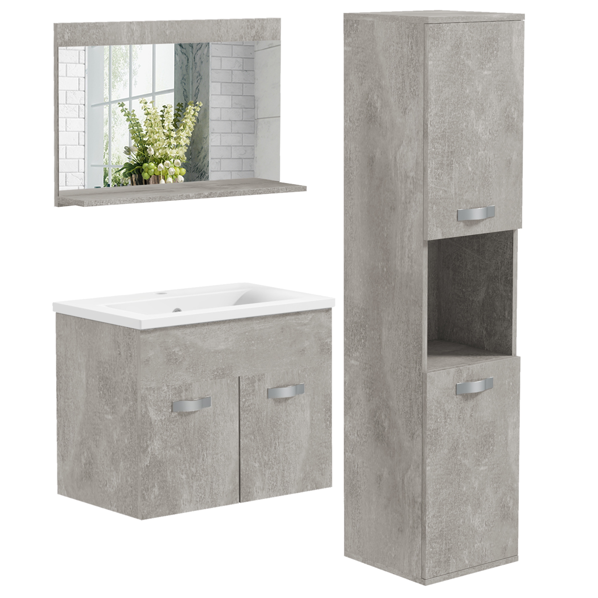 kleankin Conjunto de Muebles de Baño de Pared de 3 Piezas, Incluye Espejo, Mueble de Baño con Lavabo Cerámico, Armario Alto con Estantes Ajustables, Estilo Moderno, Gris