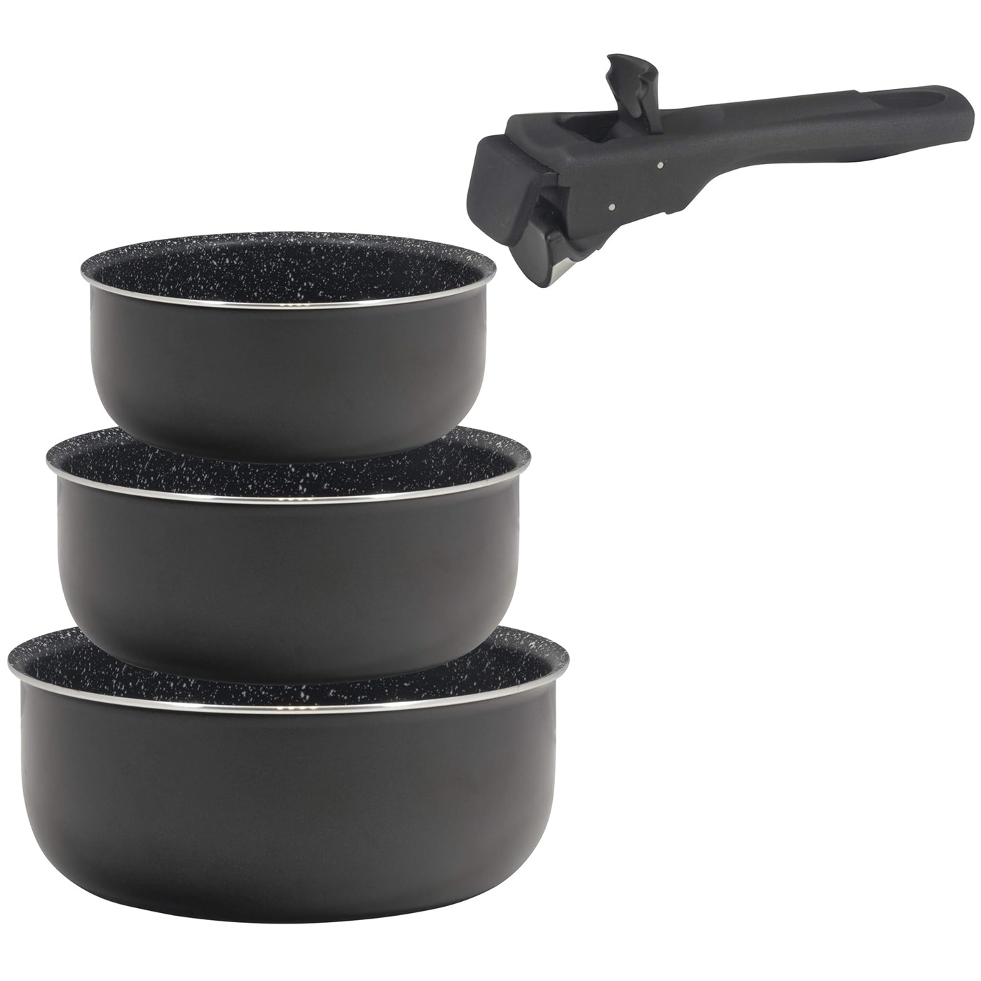 BERGNER Click & Cook - Juego de 3 Cazuelas (16 , 18, 20 cm) + 1 Mango Separable - Aluminio Prensado con Revestimiento Antiadherente - Color Negro