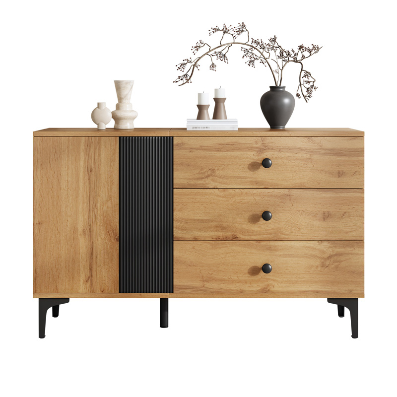 Buffet moderne 120 cm effet bois naturel et noir avec porte, trois tiroirs et pieds métalliques