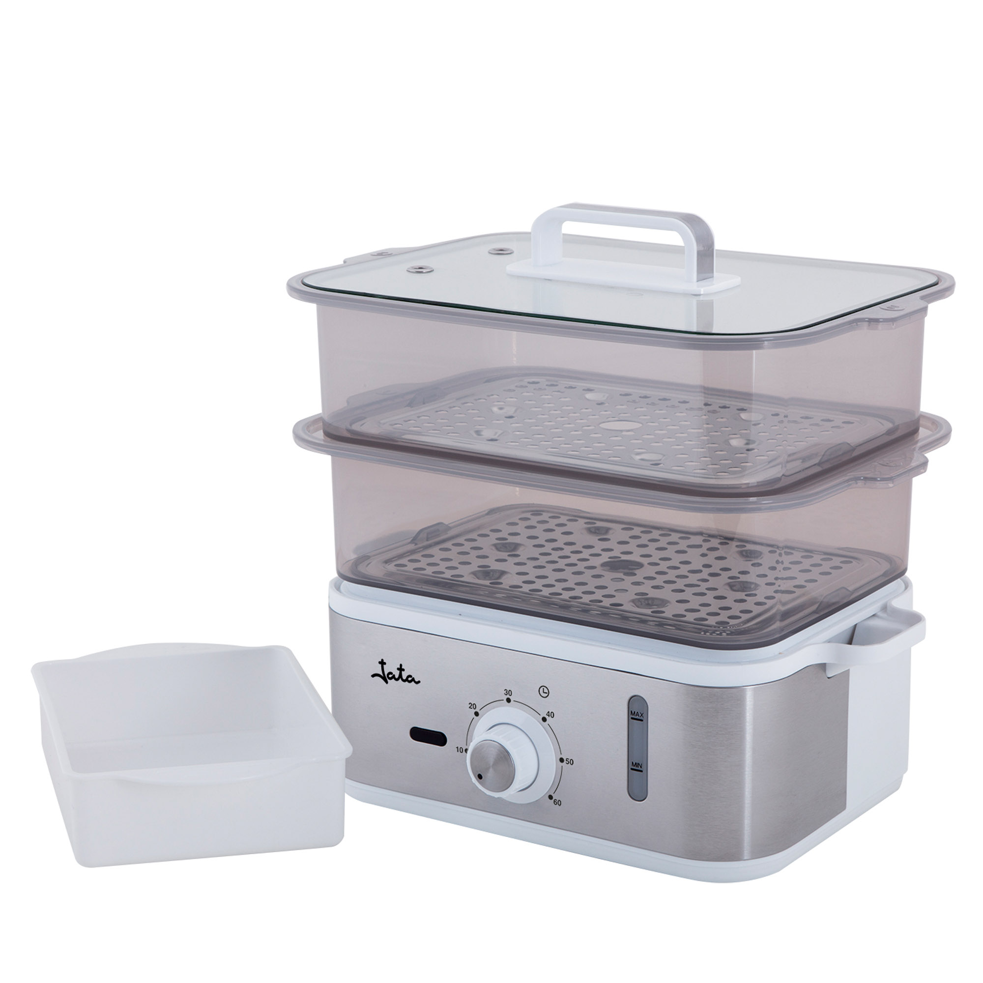Jata Vaporera Cocina Vapor Eléctrica con temporizador de 60 min. 2 cestas apilables, rejillas de acero inox extraíbles, soportes para cocer huevos y recipientes para arroz o salsas. Depósito de 1,2 litros. [Clase de eficiencia energética A+] - CV623