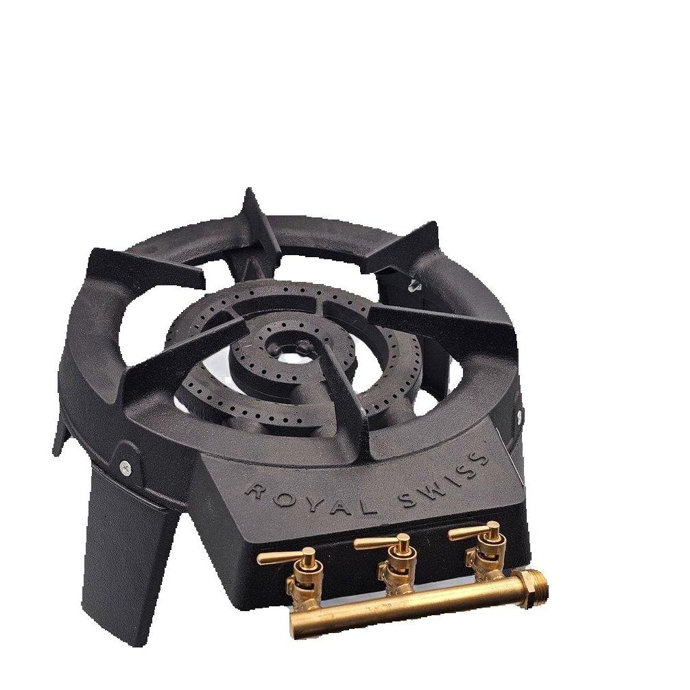 Quemador de anillo de hierro fundido Royal Swiss con 3 grifos ajustables individualmente – Cocina de gas de 9 kW – Potente quemador de gas para exteriores para cocinar y asar.