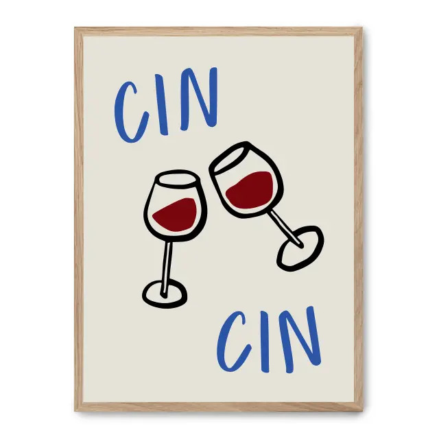 Cuadro chin chin red wine 30x40cm, Póster impreso en papel de primera calidad de 180gr, montado sobre marco de madera MDF acabado roble., Cocina - Bebidas