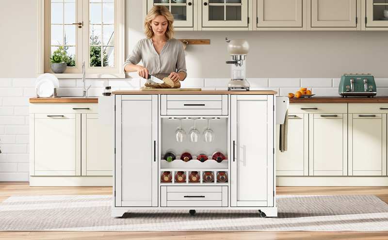 Îlot de cuisine mobile blanc et naturel avec plateau rabattable, casier à vin, porte-verres, range-épices et porte-serviettes