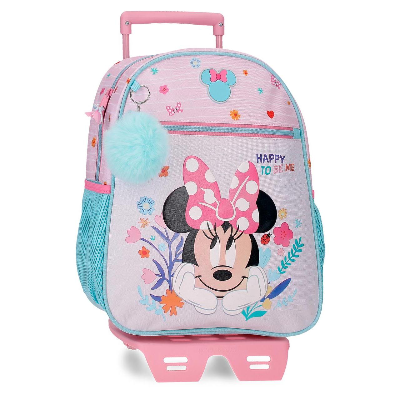 Mochila escolar con carro Disney Minnie happy to be me rosa