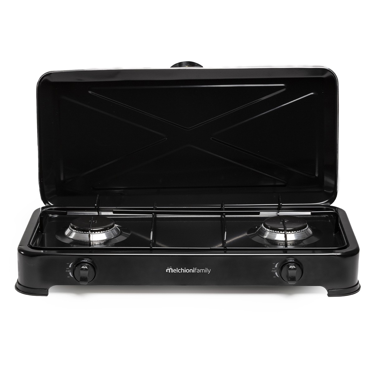 Hornillo de Gas Melchioni Family Minerva New 2 Doble Quemador, Portátil, Para exterior, Acero Esmaltado, Blanco o Negro