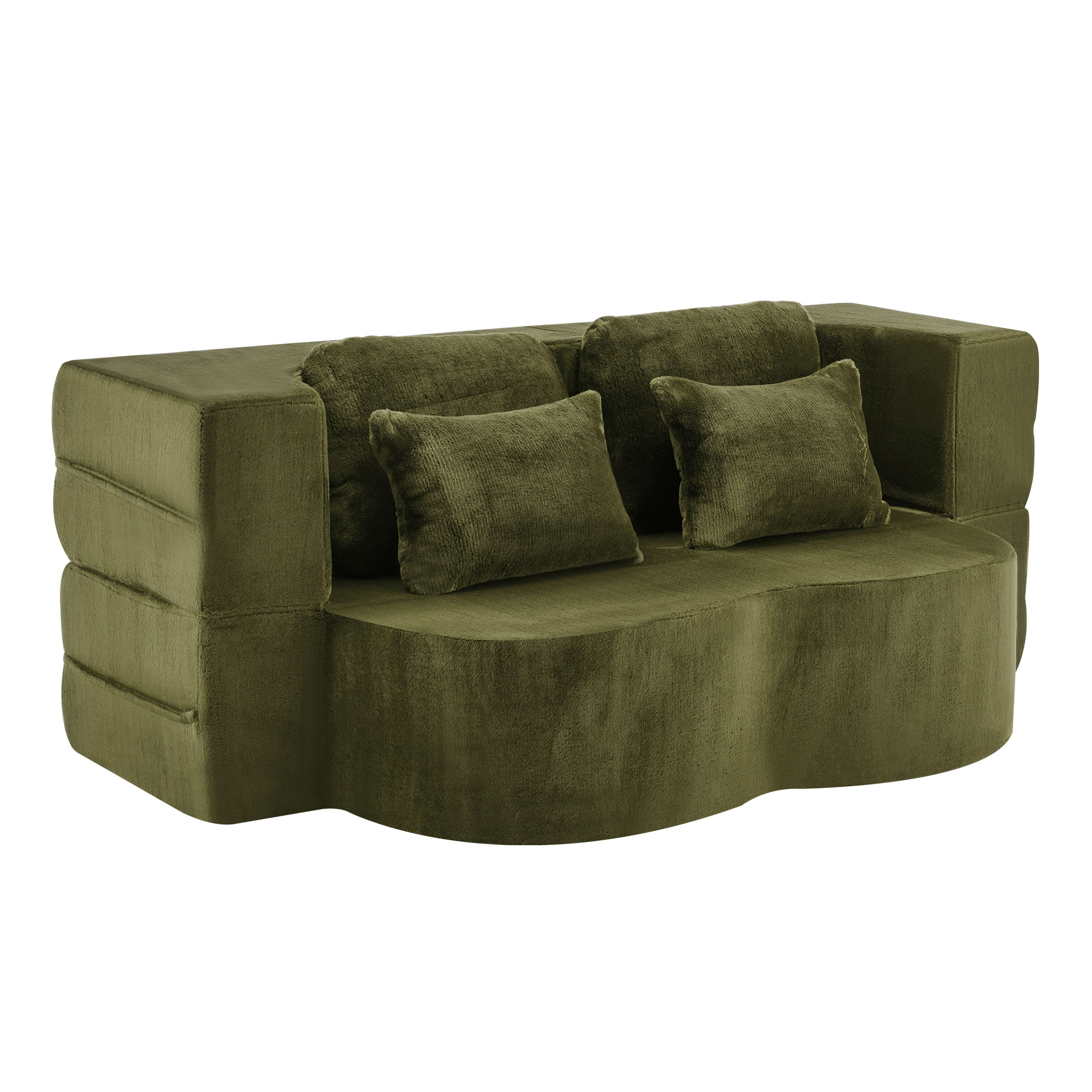 Grand canapé de sol vert avec 4 coussins, revêtement doux, mousse haute densité et ressorts, sans montage