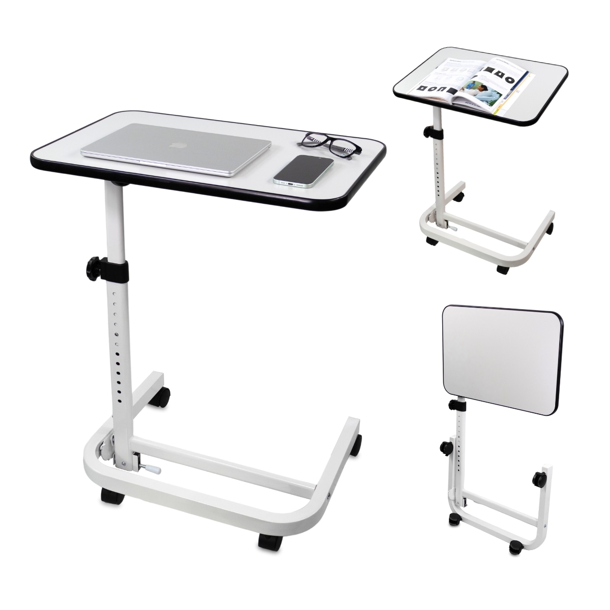 Mesa auxiliar Mobiclinic Altura ajustable Base en forma de "C" Plegable y compacto Acero / madera Ruedas giratorias con freno Blanca Cumbre
