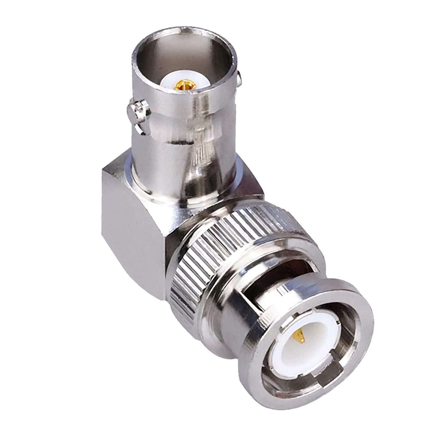 CABLEPELADO Adaptador BNC acodado Macho a Hembra, Conexión fácil y Segura en Espacios reducidos para cámaras de Seguridad, Equipos de Audio y Pruebas de señal, Adaptador RF de ángulo Recto de 50 ?