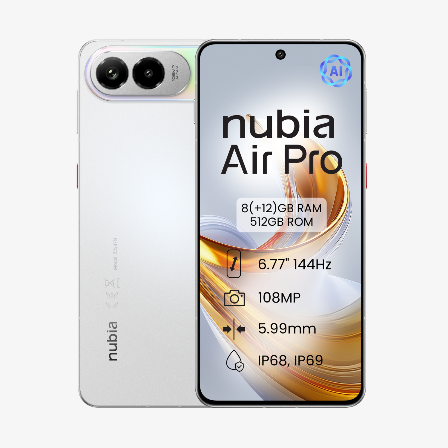 ZTE nubia Air Pro, Smartphone libre, 5G, Pantalla AMOLED FHD+ 144Hz, 8(+12)GB RAM, 512GB ROM, Ultra fino 5.99mm, Sumergible IP69, Android 16, Cámara 108MP, Batería 5000mAh. Aero White (Blanco)