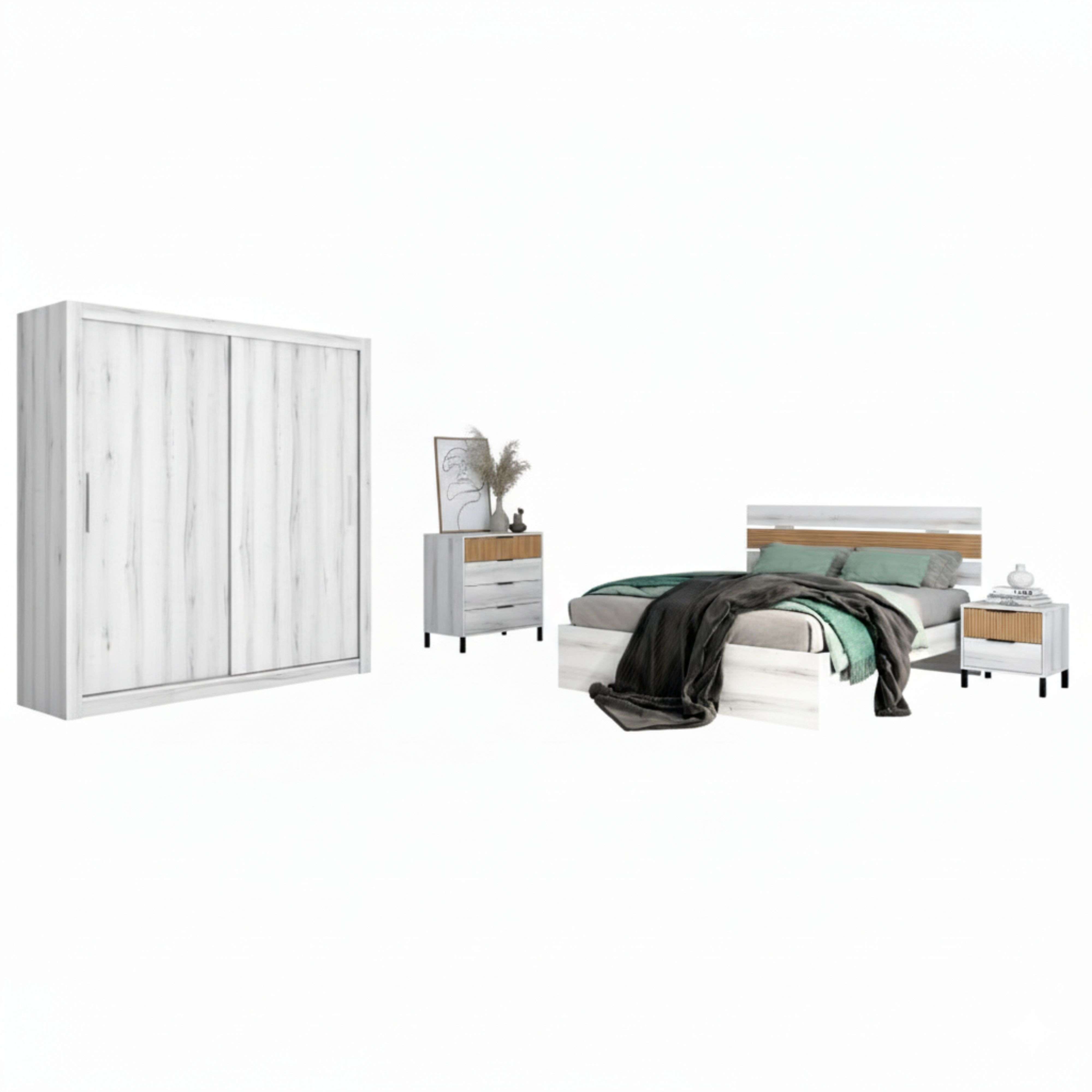 Miroytengo Conjunto de Muebles de Dormitorio Estilo Nórdico en Color Blanco Albo y Roble Rayado con Varias Distribuciones
