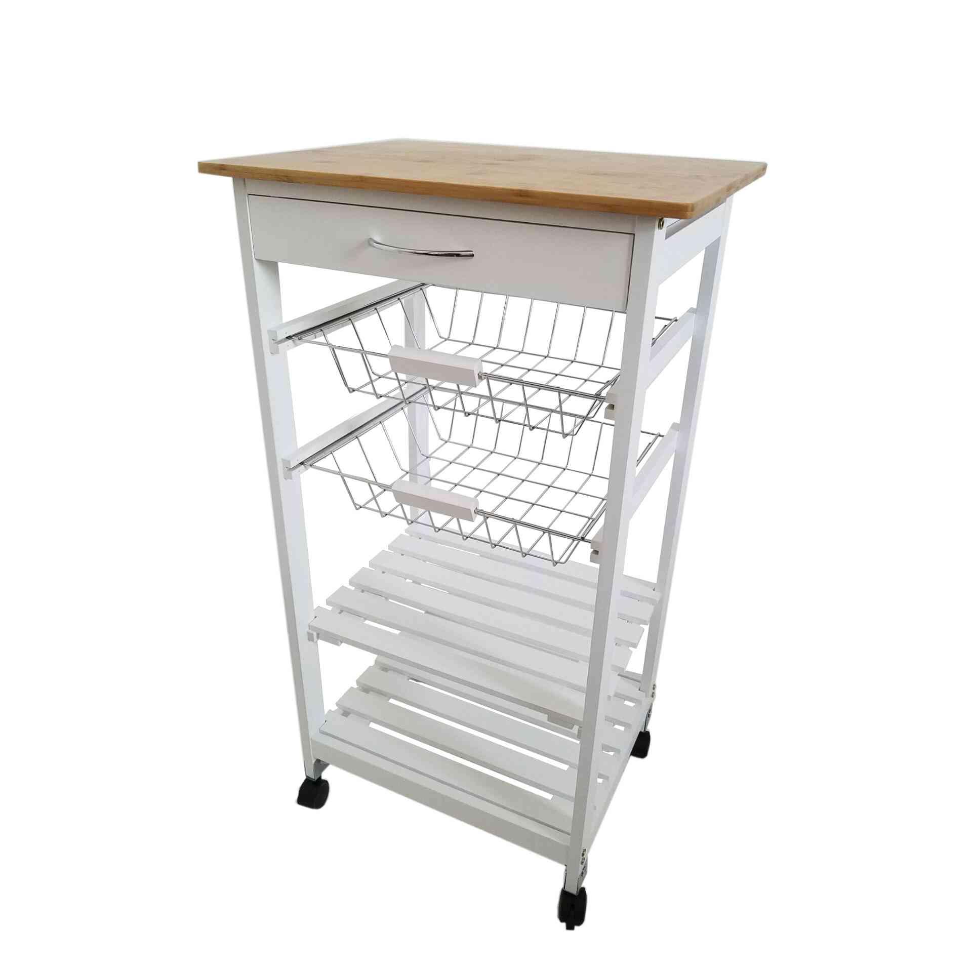 Meyvaser Verdulero frutero de Cocina Color Blanco-Miel, Carro de Cocina con Ruedas, 87x47x37, 2 cestas metalicas y 2 baldas