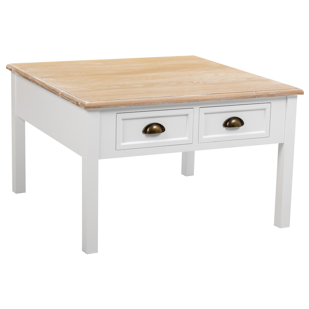WANDERLUST DECO Mesa de centro de madera de 2 Cajónes blanca 80x80x50h cm de estilo Romántico